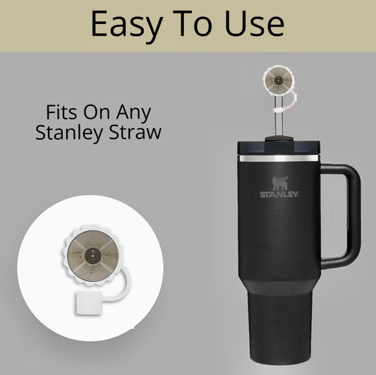 The image features a Kreative Kreationz black TTPD Vinyl Straw Cover with a splash-proof straw topper and attached straw cleaner. Text states, "Easy To Use. Fits On Any Stanley Straw." An inset shows the cleaner fitting effortlessly onto a straw for convenience.