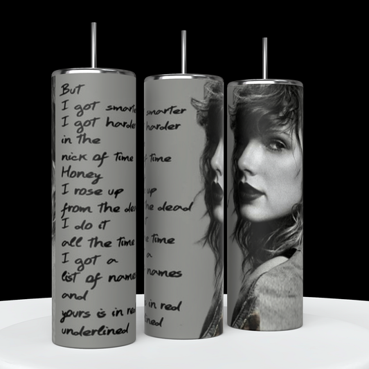 Three tall cylindrical objects with black lids. The Taylor Swift Rep 20oz Tumbler on the left, by Kreative Kreationz, features handwritten text, while the middle and right tumblers display grayscale images of a woman with curly hair and intense expressions, dressed in casual attire. The background is black.