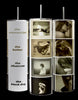 Three cylindrical stands display various monochromatic photographs of women in thoughtful and pensive poses. The left stand showcases titles 