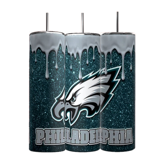 Three Kreative Kreationz 20oz Skinny Tumblers feature a blue glitter background with a stylized Philadelphia Eagles logo and the word 