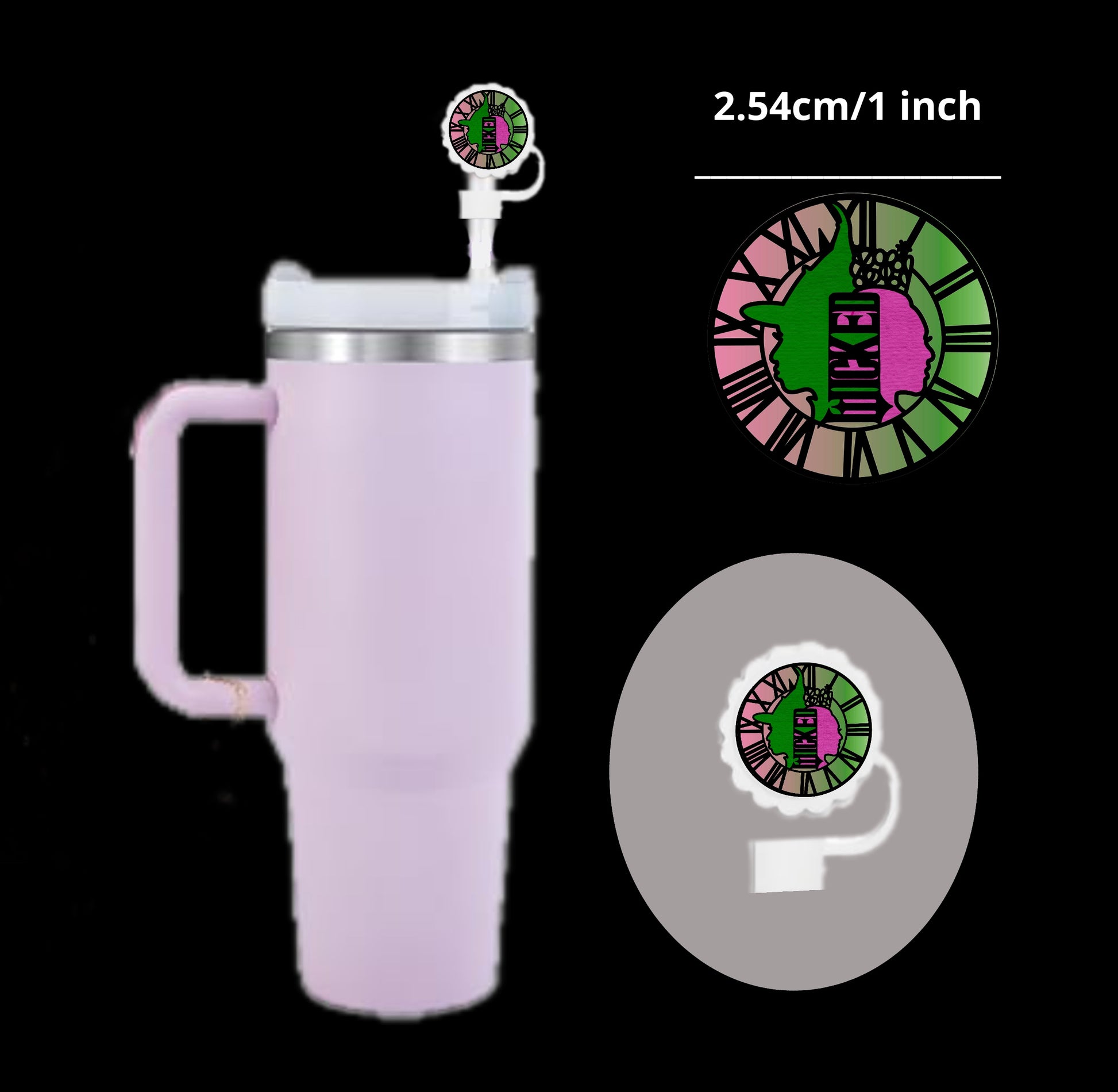 This pink Stanley tumbler from Kreative Kreationz features a unique Wicked Straw Cover—an attachment 2.54 cm/1 inch in diameter with a splash-proof feature and clock face design in pink and green, enhancing its practicality and charm.