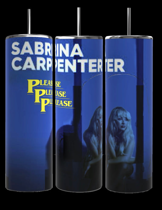 Image shows three views of the "Please Please Please - Sabrina Carpenter 20oz Skinny Tumbler" by Kreative Kreationz, featuring a spill-proof lid and reusable straw. The design showcases the text "SABRINA CARPENTER" and "PLEASE PLEASE PLEASE," accompanied by an image of a woman with long hair sitting against a blue background.