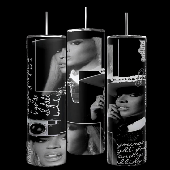 Four tall, slender Beyonce 20oz Stainless Steel Tumblers from Kreative Kreationz with metal straws are displayed against a black background. Each custom tumbler features abstract photo art of a person wearing sunglasses in various poses, overlaid with a geometric black and white design.