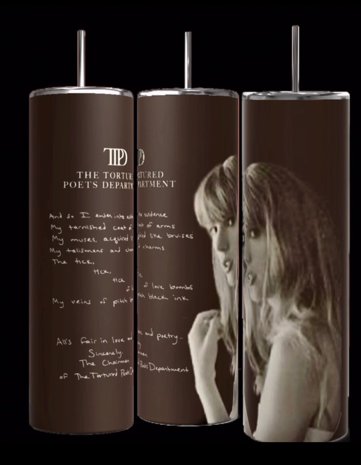 Three TTPD Lyrics 20oz Tumblers by Kreative Kreationz are displayed side by side, each featuring an image of a pensive woman. Overlaying the image, the text reads "i can fix him (no really i can)," with an image of a crossed-out spoon and fork pair. These durable Skinny Tumblers keep beverages hot or cold.