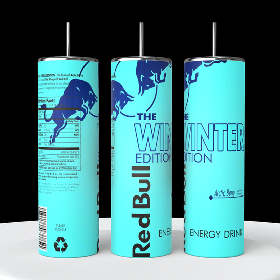 A collection of Red Bull lovers 20oz Tumblers from Kreative Kreationz, each displaying a different Red Bull flavor and distinct vibrant color. Arranged from left to right: Winter Edition (blue), Orange Edition (orange), Beach Edition (peach), Coconut Edition (white), Summer Edition (green), Original (silver), Sugarfree (white and blue stripe), and Tropical (yellow). Perfect for carrying your favorite energy drink without worrying about spills.