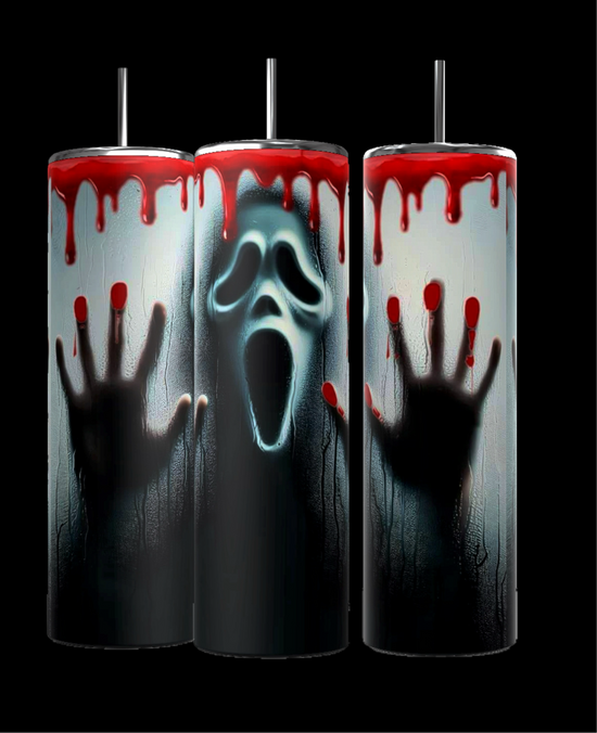 Kreative Kreationz GhostFace Killer 20oz Tumblers feature a horror design with ghostly hands and face on a glass-like surface, surrounded by red paint dripping like blood—eco-friendly and reusable. Available in sets of three stainless steel tumblers.