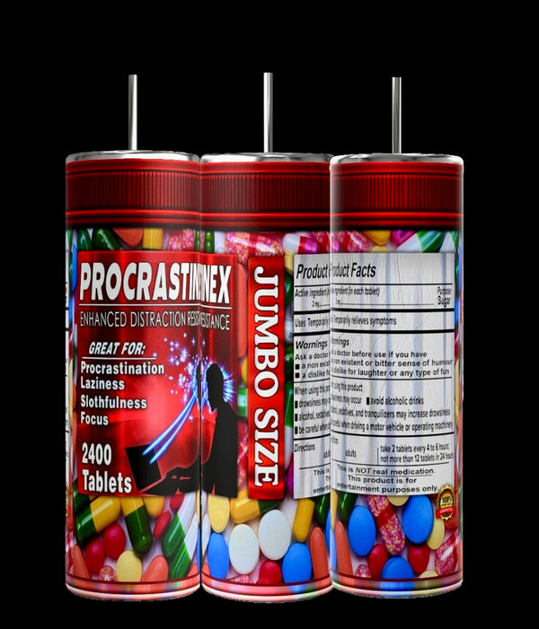 The jumbo Procrastinex can resembles Kreative Kreationz's colorful "Proceastinex Adult Issues 20oz Skinny Tumbler Series," offering distraction resistance benefits. Perfect for fighting procrastination, it holds 2400 tablets to boost focus.