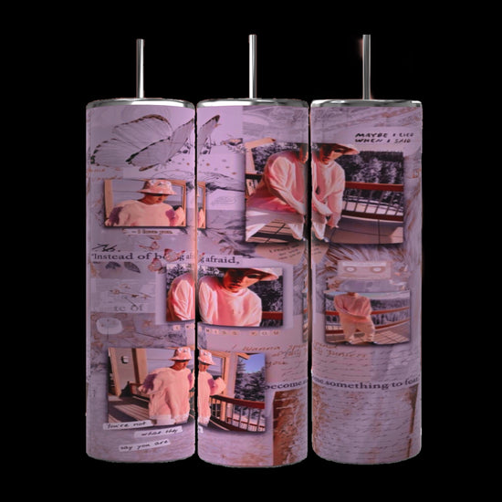 Three cylindrical pillars exhibit a collage of pink and white-themed photos and handwritten text, featuring images of a person in a pink hoodie and hat, posing in various outdoor settings. Butterflies and abstract designs create the backdrop, evoking the style of the Justin Bieber 20oz Tumbler from Kreative Kreationz.