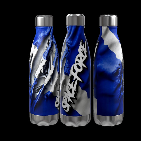 Three aluminum water bottles from Kreative Kreationz, each with a blue, black, and white abstract design. The middle bottle, from the Military Series 16 oz Aluminum Waterbottle line, has "SPACE FORCE" boldly printed in white letters. The design showcases star patterns and wave-like forms on a black background.