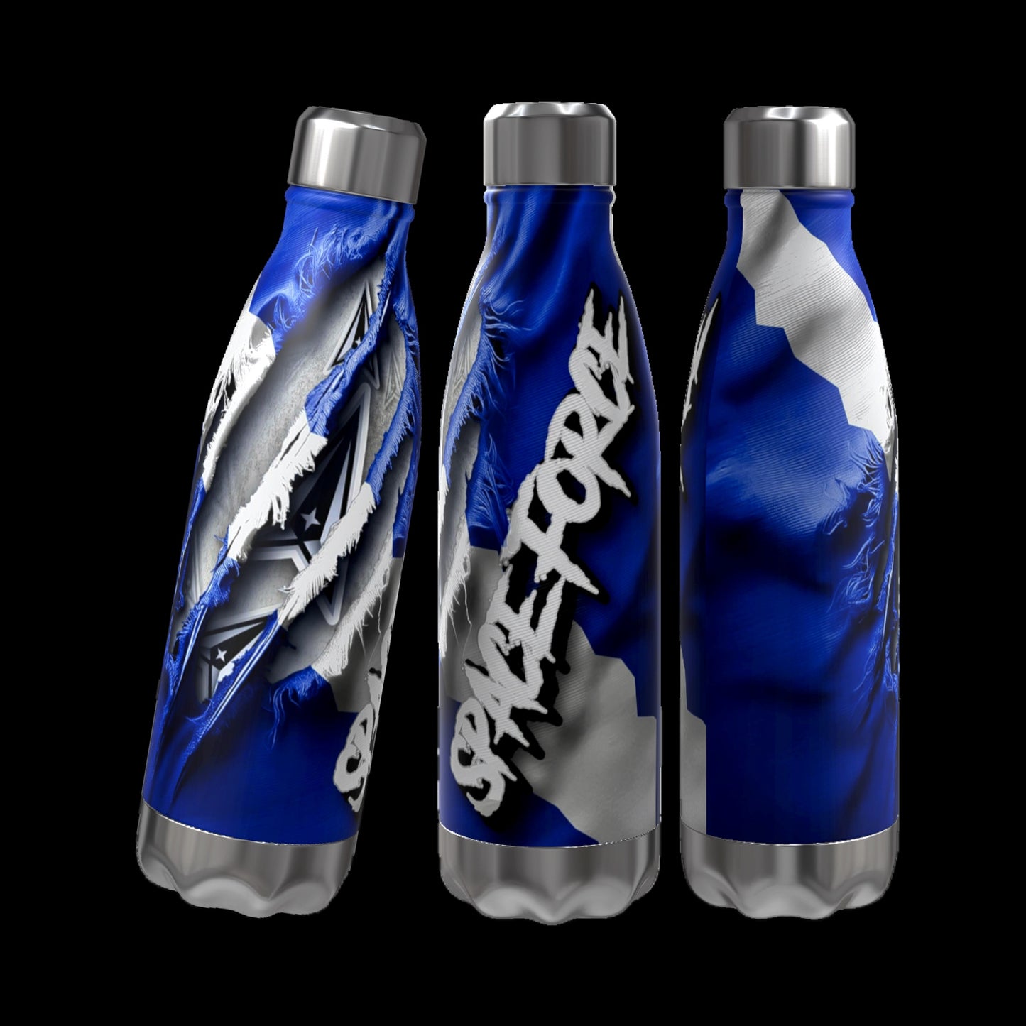 Three Military Series 16 oz Aluminum Waterbottles by Kreative Kreationz, featuring a blue and white space-themed design with the text "SPACE FORCE" prominently displayed. These durable sports bottles are arranged in a row against a black background, showcasing the design from different angles.