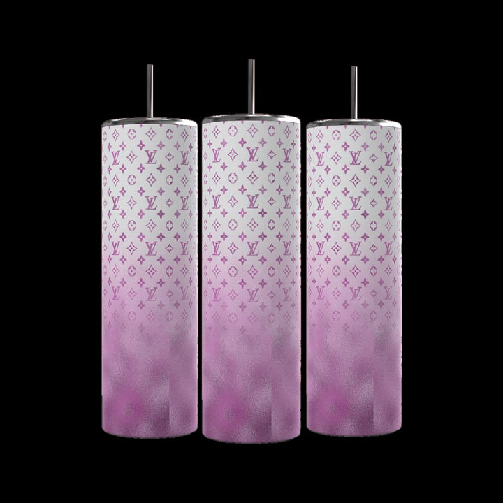 The LV 20oz Tumbler by Kreative Kreationz features a white-to-pink ombre design with metallic straws and a spill-proof lid, adorned with Louis Vuitton logos in a repeating pattern.