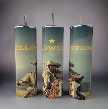 This set includes three 20 oz Yellowstone tumblers by Kreative Kreationz, featuring a cowboy on horseback with "YELLOWSTONE" and a star above. The stainless steel design evokes a clear sky and open landscape, ideal for adventure lovers.