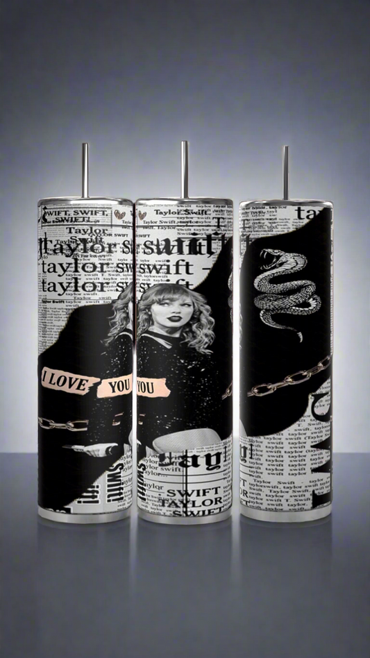 Three Evermore | Taylor Swift 20oz Skinny Tumblers by Kreative Kreationz with spill-proof lids are displayed on a wooden surface with a forest background. Each tumbler features an image of a person with a braided hairstyle facing away and the word "evermore" written at the top.