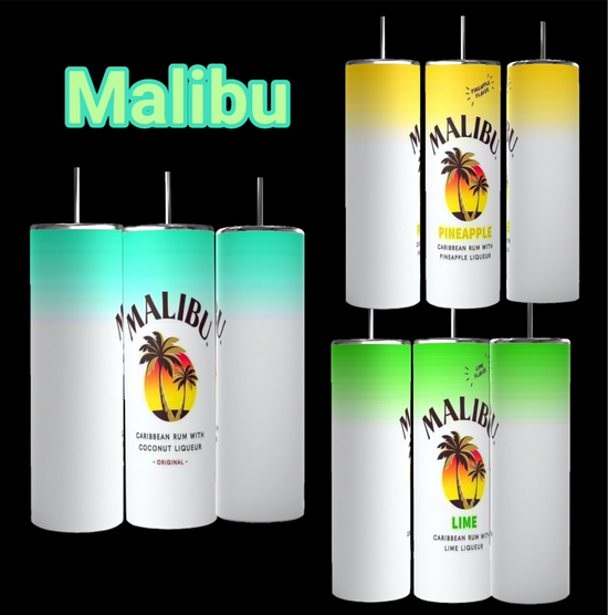 Image showing a collection of Malibu 20oz Tumblers from Kreative Kreationz. Six vibrant, 20 oz capacity tumblers are beautifully arranged in two rows, showcasing flavors like Original, Pineapple, and Lime. Each tumbler features tropical colors along with the iconic Malibu logo depicting a palm tree. Perfect for pairing with an eco-friendly MALIBU tumbler and reusable straw.
