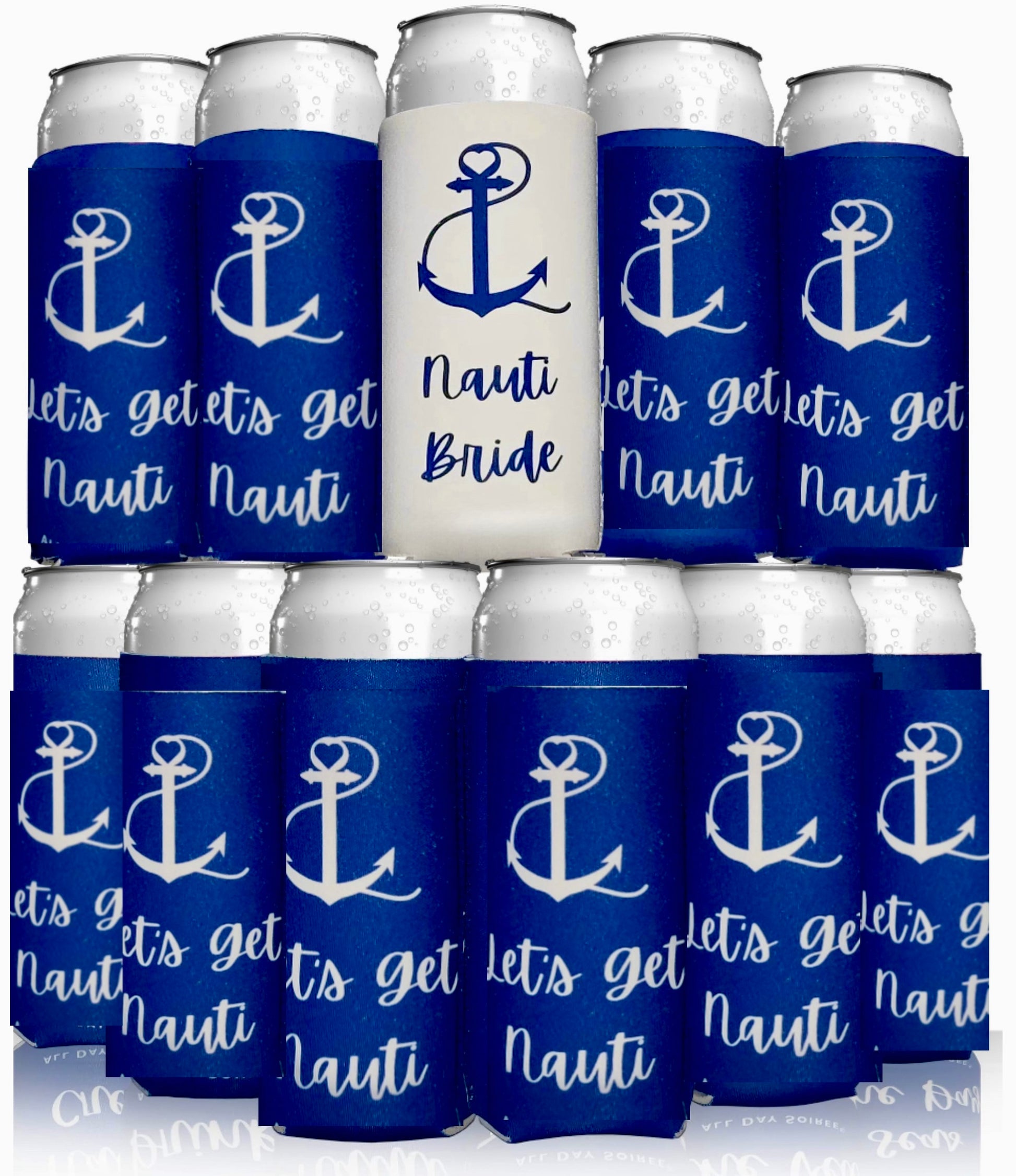 Kreative Kreationz presents the Nautical Beach Theme 11-Pack Customizable Koozies. This collection includes 12 beverage can sleeves: 11 in blue with white anchors and the phrase "let's get Nauti," plus one unique top center can sleeve in white, featuring a blue anchor design and the text "Nauti Bride." These koozies are ideal nautical beach theme party favors.