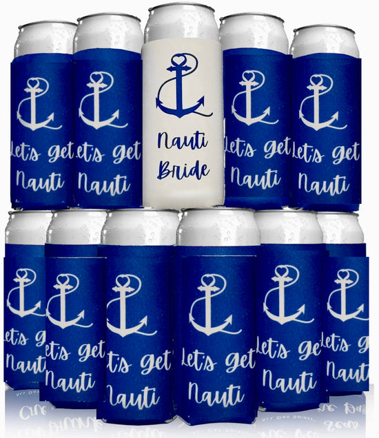 A pyramid of Kreative Kreationz's Nautical Beach Theme 6-12 Pack Customizable Koozies features blue covers with a white anchor and 