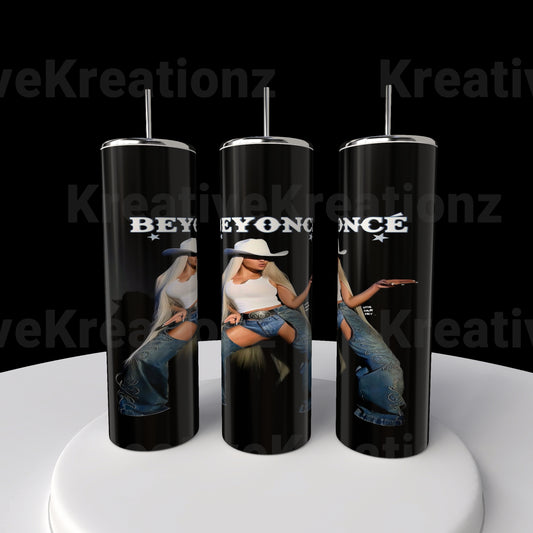 Three sleek black 20oz stainless steel tumblers by Kreative Kreationz feature a woman in a cowboy hat, denim jacket, and jeans with her name in bold white letters on each. The stylish, edgy design against a dark background makes them perfect for any Beyonce tumbler collection.