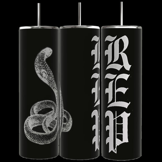 Three black 20oz Skinny Tumblers from Kreative Kreationz, each equipped with a reusable metal straw, are displayed. The first tumbler showcases a coiled snake design, while the second and third tumblers collectively spell out "REP" in bold, white, gothic-style lettering. Each REP Snake Tumbler features a spill-proof lid and is made with durable construction.