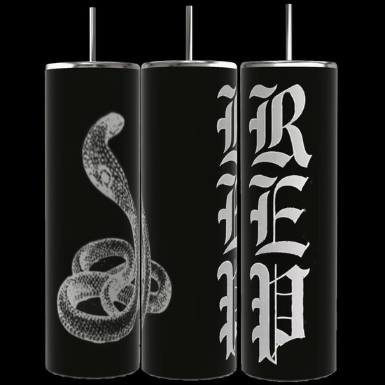 Three black 20oz Skinny Tumblers from Kreative Kreationz, each equipped with a reusable metal straw, are displayed. The first tumbler showcases a coiled snake design, while the second and third tumblers collectively spell out 