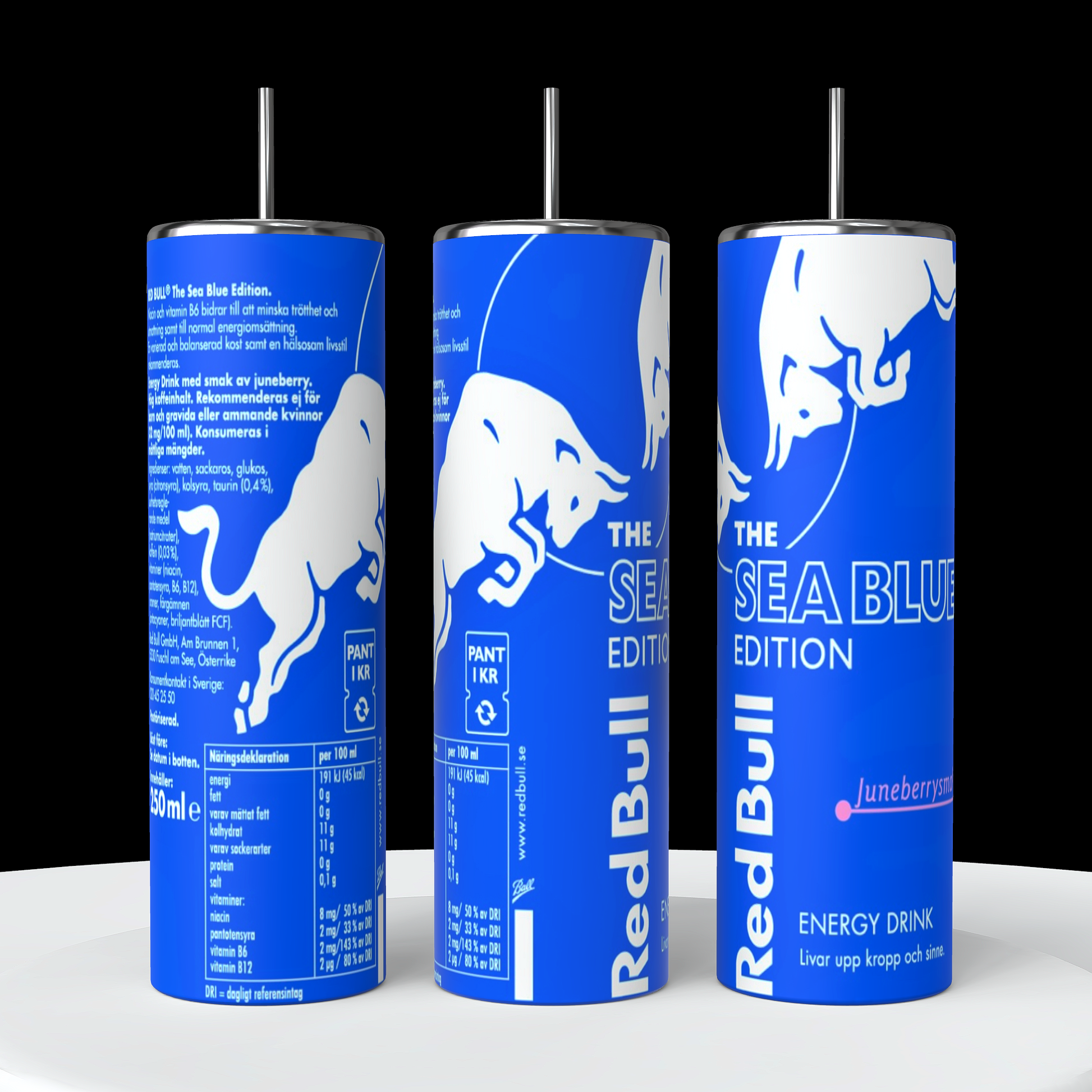 A collection of Red Bull lovers 20oz Tumblers from Kreative Kreationz, each displaying a different Red Bull flavor and distinct vibrant color. Arranged from left to right: Winter Edition (blue), Orange Edition (orange), Beach Edition (peach), Coconut Edition (white), Summer Edition (green), Original (silver), Sugarfree (white and blue stripe), and Tropical (yellow). Perfect for carrying your favorite energy drink without worrying about spills.