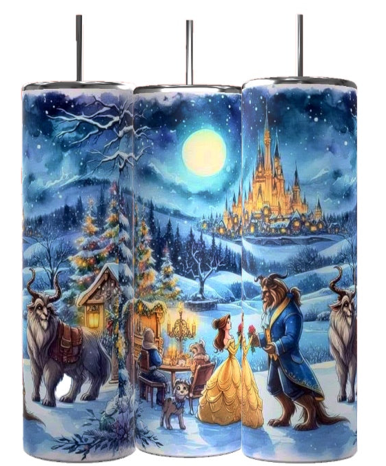 The Beauty & The Beast 20oz Tumblers from Kreative Kreationz feature a snowy landscape adorned with animals, a cabin, and a castle. Under a full moon, fairy tale characters and a large goat-like creature are depicted, creating an enchanting and festive atmosphere. Each tumbler comes with a spill-proof lid for added convenience.