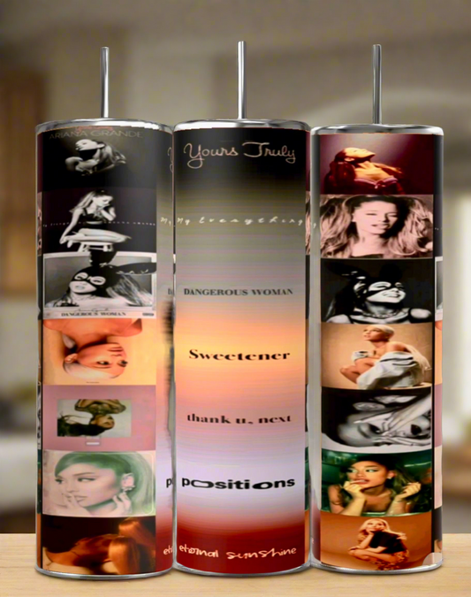 Three Kreative Kreationz Ariana Grande Aesthetic 20oz Tumblers highlight album covers and images of the pop artist, featuring "Yours Truly," "Dangerous Woman," "Sweetener," "thank u, next," and "Positions" with vibrant artistic visuals.