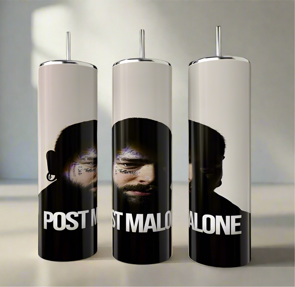 Three luxury-inspired Kreative Kreationz Post Malone Tumblers stand side by side, showcasing tattooed face images and "POST MALONE" text at the bottom. Made from stainless steel, they are displayed in a softly lit, neutral-toned room.