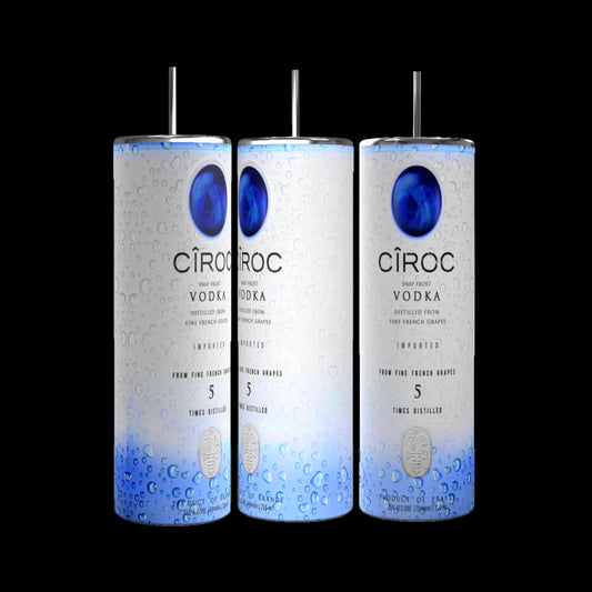 A selection of five Ciroc vodka bottles arranged in a row. Flavors include Coconut, Mango, Apple, Vodka (Snap Frost), and Red Berry. Each bottle showcases its distinct color and label, highlighting the brand’s French heritage and the tagline “Product of France.” For a perfect pairing, consider using the stylish Ciroc 20oz Tumbler by Kreative Kreationz.