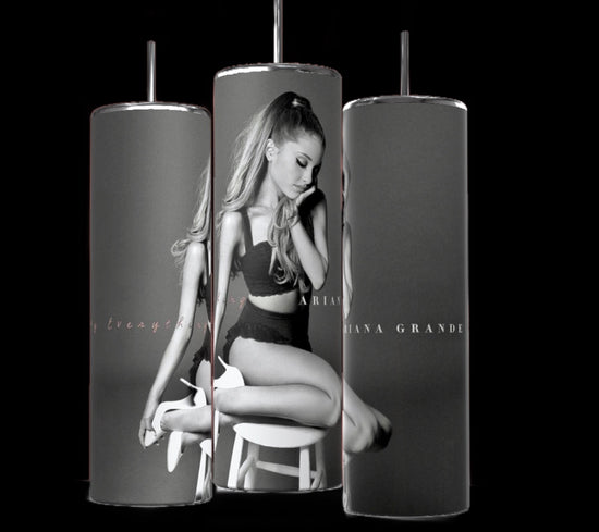 Three Ariana Grande Thank You Next 20oz Stainless Steel Tumblers from Kreative Kreationz are shown, each featuring a grayscale image of a woman sitting on a stool in a black outfit. The text 