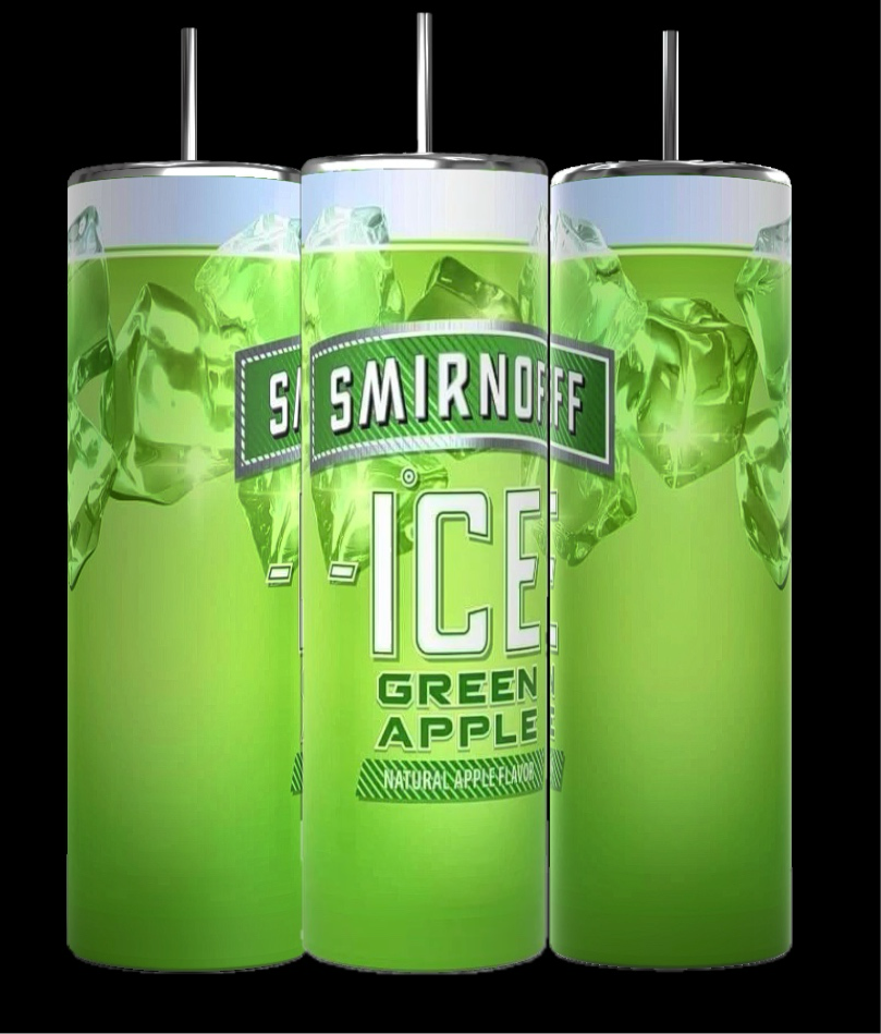 The image showcases two designs for the Smirnoff Ice Green Apple 20oz Tumbler by Kreative Kreationz. Design 1 features a green base with large Smirnoff Ice labeling, while Design 2 has a white base with green accents, a smaller Smirnoff Ice label, and green apple graphics on the sides. Both designs ensure durable construction that keeps beverages hot or cold.