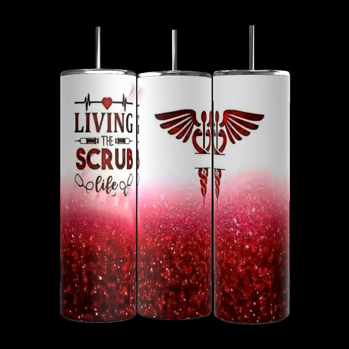 Three Kreative Kreationz Scrub Life inspired 20oz Tumblers with a red glitter gradient design and black straws. The first tumbler showcases the phrase "Living the Scrub Life" with syringe and heart graphics, while the middle and last tumblers feature a caduceus symbol, representing the medical profession. Spill-proof lids included.