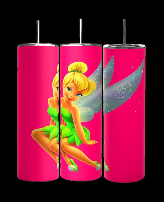 Three Tinkerbell Pink 20oz Skinny Tumblers from Kreative Kreationz display a fairy with blonde hair in a bun, wearing a green dress and mid-flight with translucent swirl-patterned wings. These sublimated tumblers have spill-proof lids and are lined up against a black background.