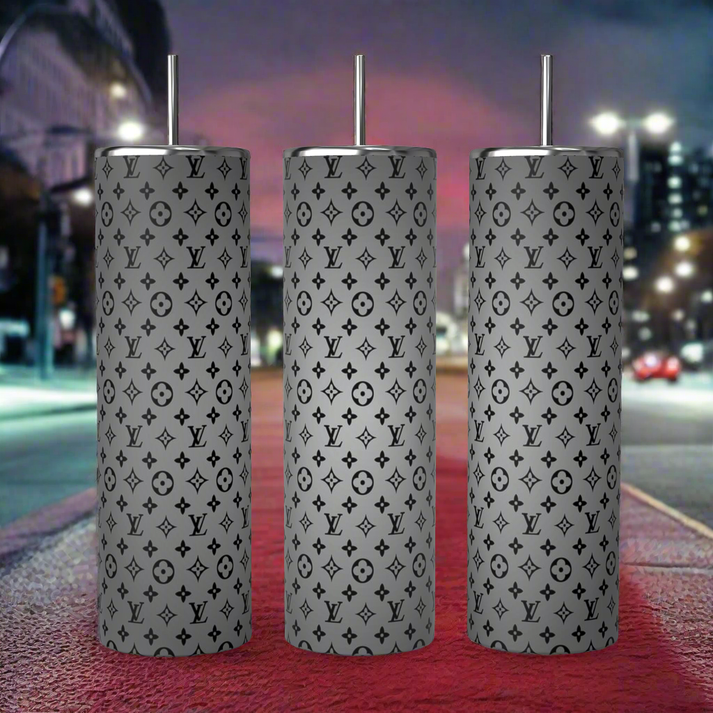 Three tall cylinders in front of a black background on a white pedestal, showing a 20 ounce Tumbler from all sides,
 at a 360° angle, black 
LV  letter repeated throughout design design on gray to white ombre background 