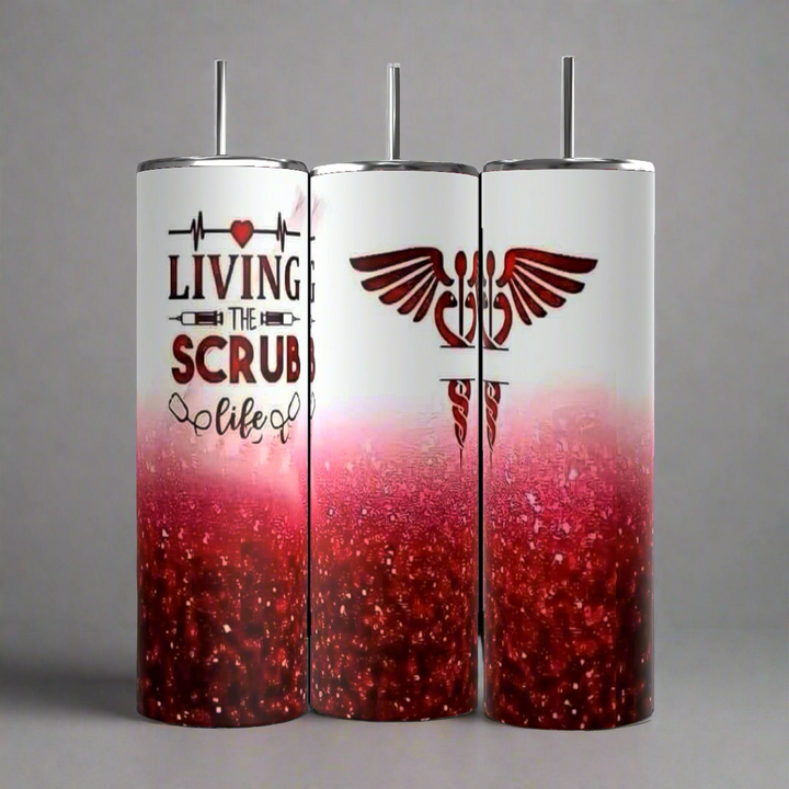 Three Kreative Kreationz Scrub Life inspired 20oz Tumblers with a red glitter gradient design and black straws. The first tumbler showcases the phrase "Living the Scrub Life" with syringe and heart graphics, while the middle and last tumblers feature a caduceus symbol, representing the medical profession. Spill-proof lids included.