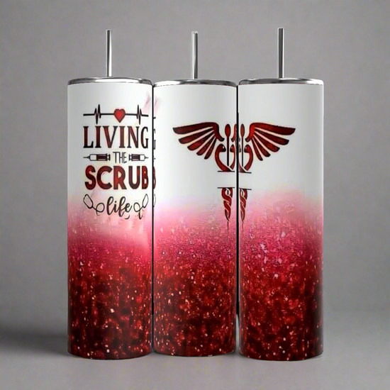 Three Kreative Kreationz Scrub Life inspired 20oz Tumblers with a red glitter gradient design and black straws. The first tumbler showcases the phrase 