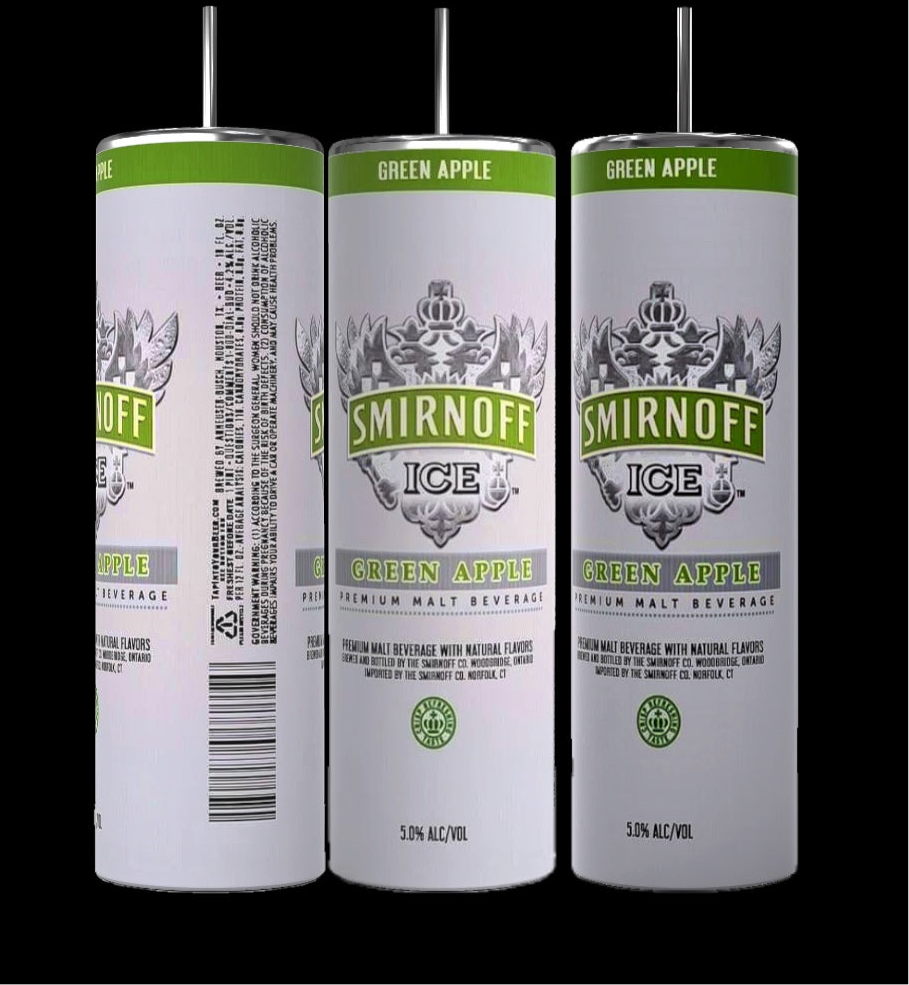 The image showcases two designs for the Smirnoff Ice Green Apple 20oz Tumbler by Kreative Kreationz. Design 1 features a green base with large Smirnoff Ice labeling, while Design 2 has a white base with green accents, a smaller Smirnoff Ice label, and green apple graphics on the sides. Both designs ensure durable construction that keeps beverages hot or cold.