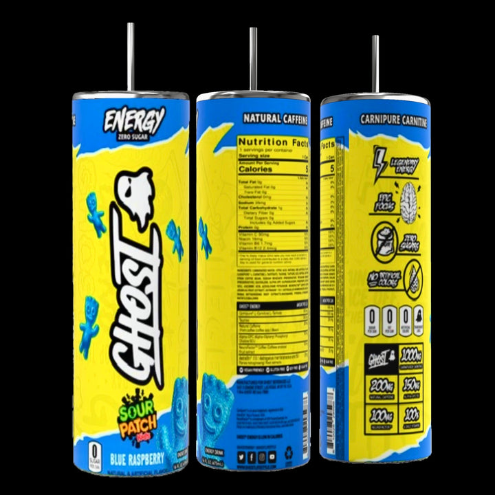 Three cans of Ghost energy drink are displayed alongside the stylish GHOST 20oz Skinny Tumbler with a reusable straw by Kreative Kreationz, perfect for keeping beverages hot or cold. The predominantly yellow cans with red accents feature the "Sour Patch Redberry" flavor. Natural caffeine, zero sugar, and supplement facts are highlighted.