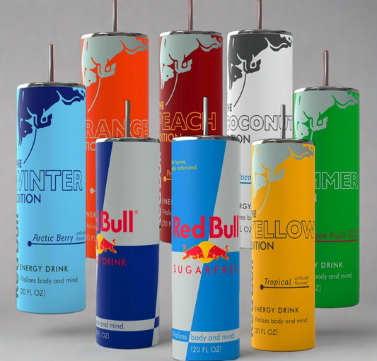 A collection of Red Bull lovers 20oz Tumblers from Kreative Kreationz, each displaying a different Red Bull flavor and distinct vibrant color. Arranged from left to right: Winter Edition (blue), Orange Edition (orange), Beach Edition (peach), Coconut Edition (white), Summer Edition (green), Original (silver), Sugarfree (white and blue stripe), and Tropical (yellow). Perfect for carrying your favorite energy drink without worrying about spills.