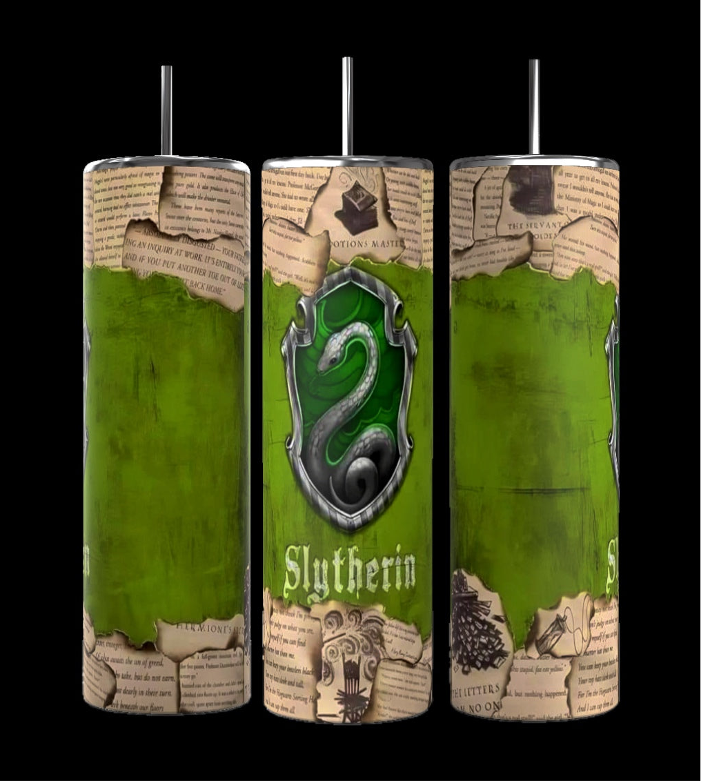 Kreative Kreationz's Harry Potter Collection 20oz Tumbler features Slytherin-themed designs, including a green background, a silver snake emblem, and torn parchment illustrations. The word "Slytherin" is prominently displayed near the bottom, making it an ideal choice for those interested in exploring all four house designs.