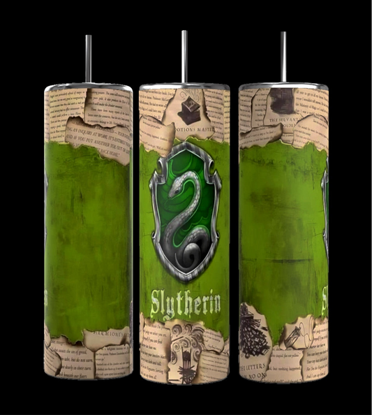 Kreative Kreationz's Harry Potter Collection 20oz Tumbler features Slytherin-themed designs, including a green background, a silver snake emblem, and torn parchment illustrations. The word "Slytherin" is prominently displayed near the bottom, making it an ideal choice for those interested in exploring all four house designs.