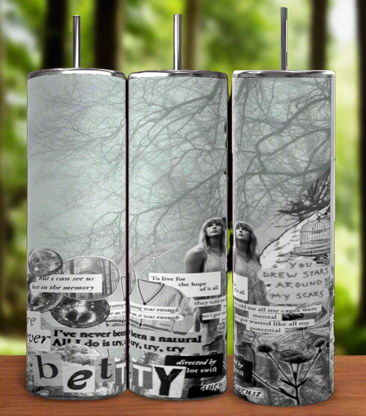 Three Folklore Taylor Swift 20oz Skinny Tumblers from Kreative Kreationz with monochromatic collage artwork depicting a forest background, intertwined branches, and cut-out text fragments featuring various quotes. Two partial portraits of a person are visible among the text and background imagery. Each tumbler includes a spill-proof lid and reusable straw.