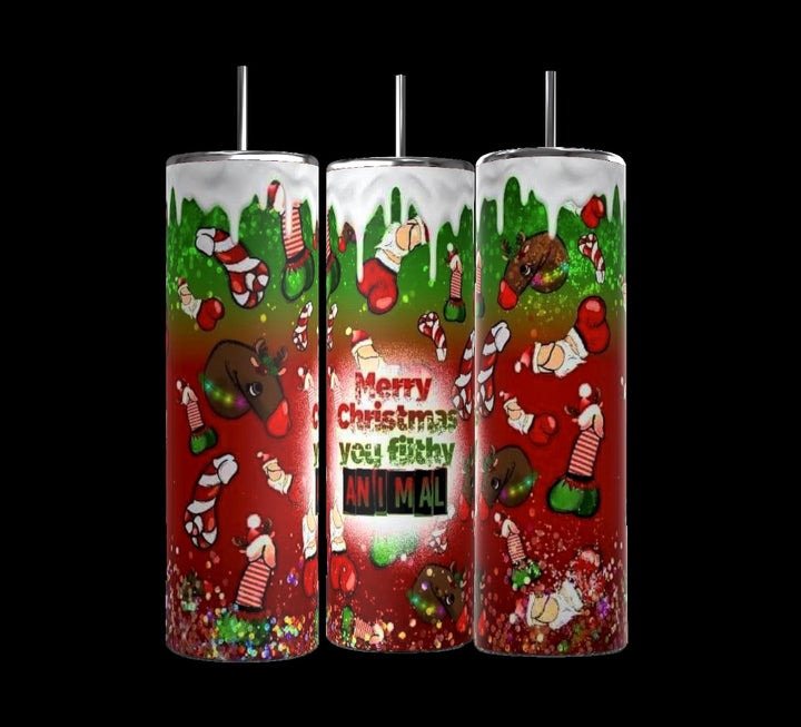 The Kreative Kreationz set includes three Filthy Animal 20oz Skinny Tumblers, each featuring vibrant designs of reindeer and candy canes, adorned with holiday decorations and text reading "Merry Christmas you filthy ANIMAL." These double-wall stainless steel tumblers come with reusable straws and capture a playful and whimsical holiday spirit.