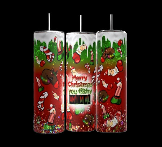 The Kreative Kreationz set includes three Filthy Animal 20oz Skinny Tumblers, each featuring vibrant designs of reindeer and candy canes, adorned with holiday decorations and text reading 