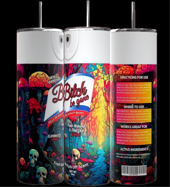 Three 20oz Halloween Bitch Spray Tumblers by Kreative Kreationz showcasing the front, back, and side labels. The vibrant design features colorful mushrooms, skulls, and floral elements. The text promises to eliminate rudeness and includes directions, uses, and ingredients on the side label.