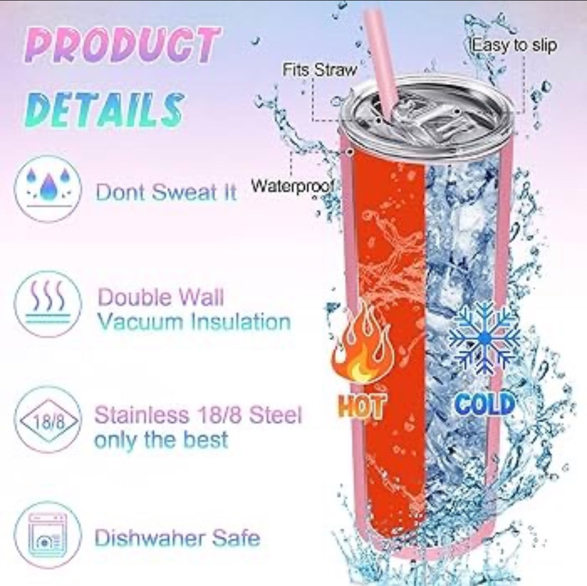 Illustration of the "OverReactin Adult Issues 20oz Skinny Tumbler Series" by Kreative Kreationz with water splashing. Features double-wall vacuum insulation, reusable straw, hot/cold suitability, dishwasher safe, slip resistance, and labels reading "Don't Sweat It" and "Waterproof.