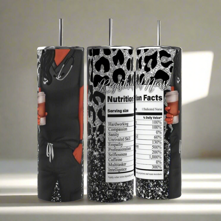 The Nurse 20oz Tumbler by Kreative Kreationz is a set of four cylindrical tumblers, each adorned with nurse-themed designs. One tumbler showcases a cartoon nurse wearing a stethoscope, another displays a leopard print with humorous "nutritional facts" about being a nurse. The remaining two feature motivational text celebrating the skills and passion of nurses. These durable tumblers are built to last.