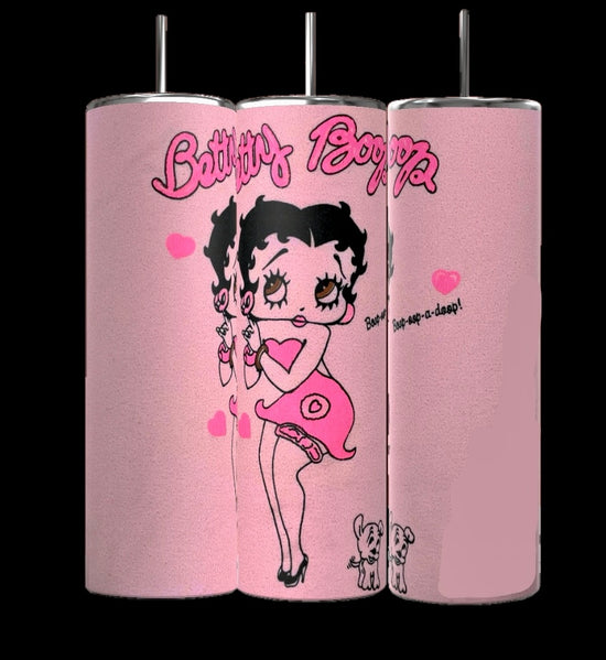 Three pink Kreative Kreationz BB 20oz Skinny Tumblers feature a cartoon character with hearts and her dog, showcasing durable construction. The text reads 