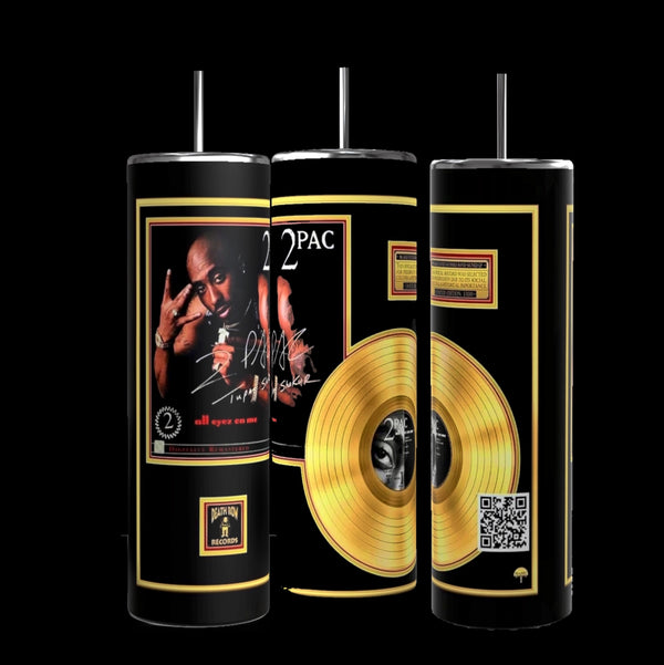 Three stainless steel black cylindrical drink tumblers from Kreative Kreationz, featuring artwork and imagery related to 2Pac's album "All Eyez on Me." The designs include a portrait of 2Pac, the album title, a gold record, and customized active QR code playlists. These 20-ounce Music Tumblers come with black straws and gold accents.