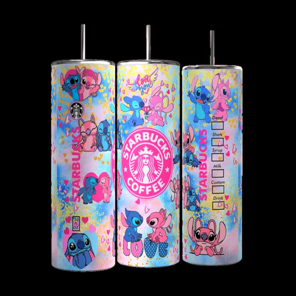 Three vibrant Starbucks tumblers featuring cute cartoon characters and lively decorations are displayed. Each 20 oz capacity tumbler showcases a Starbucks logo in pink, blue, and yellow hues. One handmade tumbler highlights a custom order box design, while another is the unique Custom Stitch Starbucks 20oz Tumbler by Kreative Kreationz.