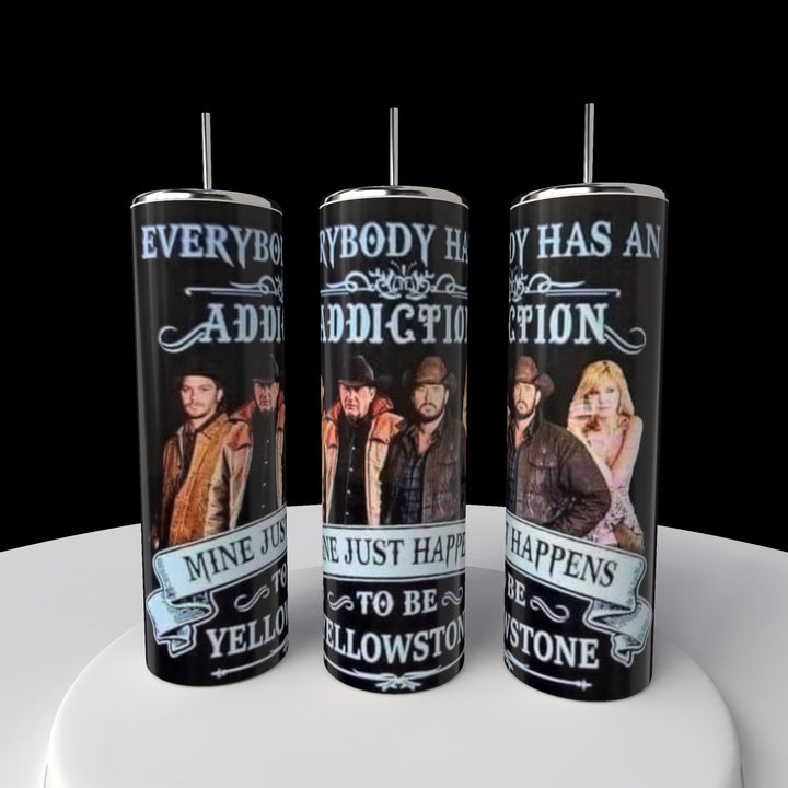 Three Kreative Kreationz Yellowstone Addiction 20oz Tumblers with straws feature Western-themed imagery and the text "Everybody has an addiction, mine just happens to be Yellowstone," crafted from stainless steel with cowboy figures and a woman against a dark background.